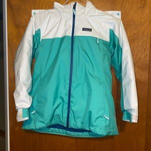PATAGONIA girls everyday winter hooded snow coat L 12 teal/white